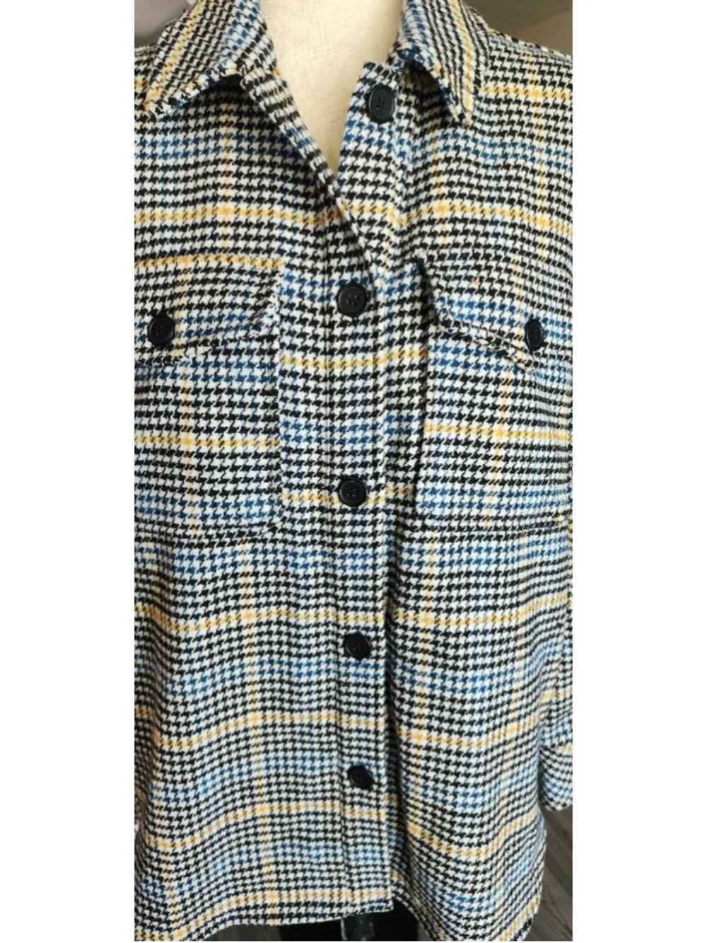 Melloday Women's M Houndstooth Shacket Jacket Blue Black Yellow Plaid Button Up